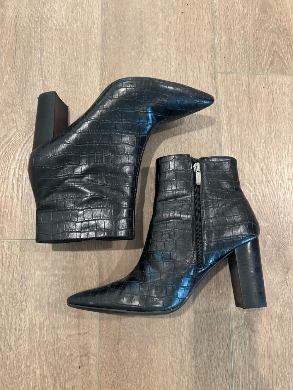 Nine West Black Croc-Embossed Pointed Toe Ankle Boots